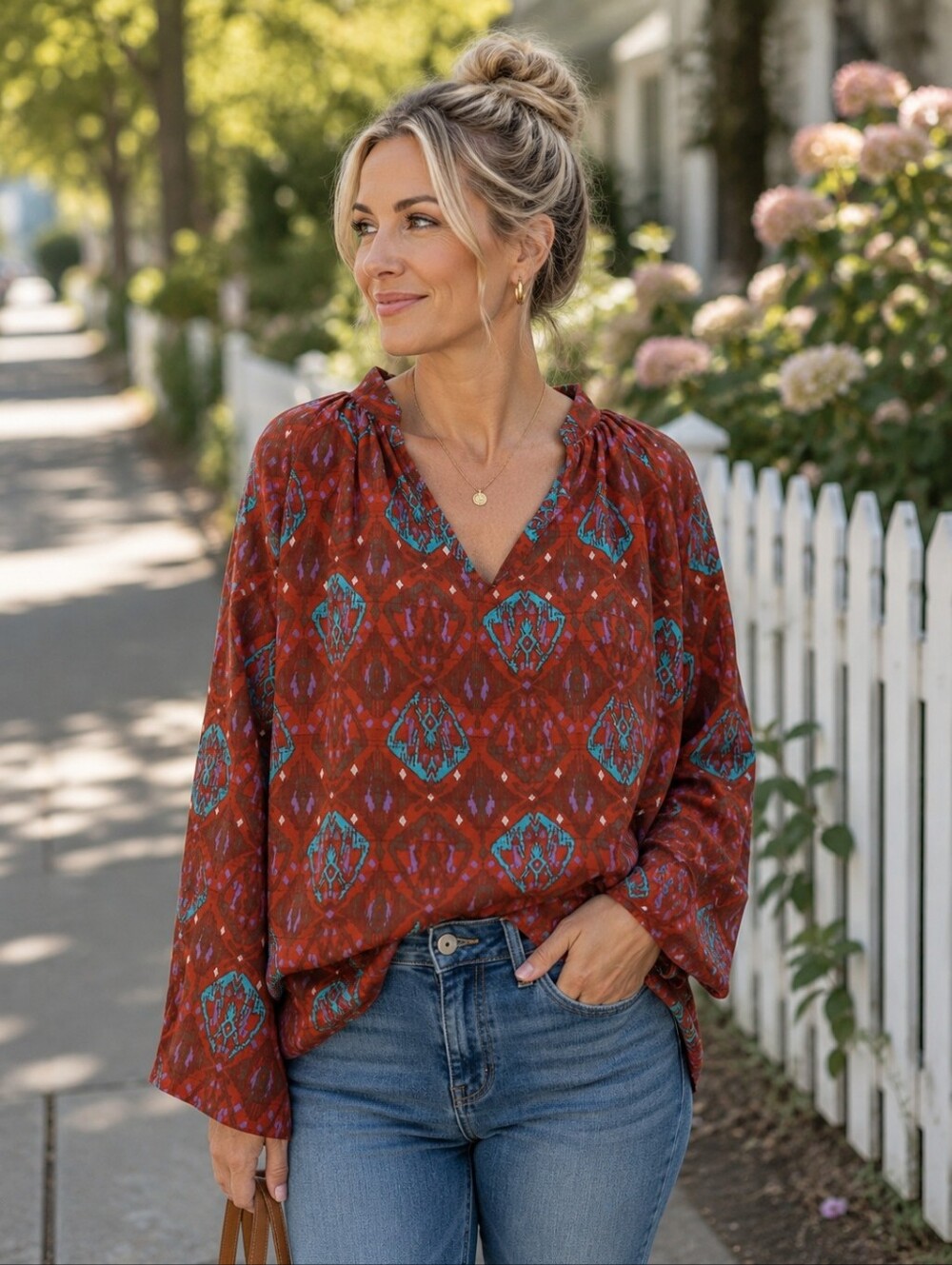 Karlie V-Neck Tunic with Teal & Purple Geo Print